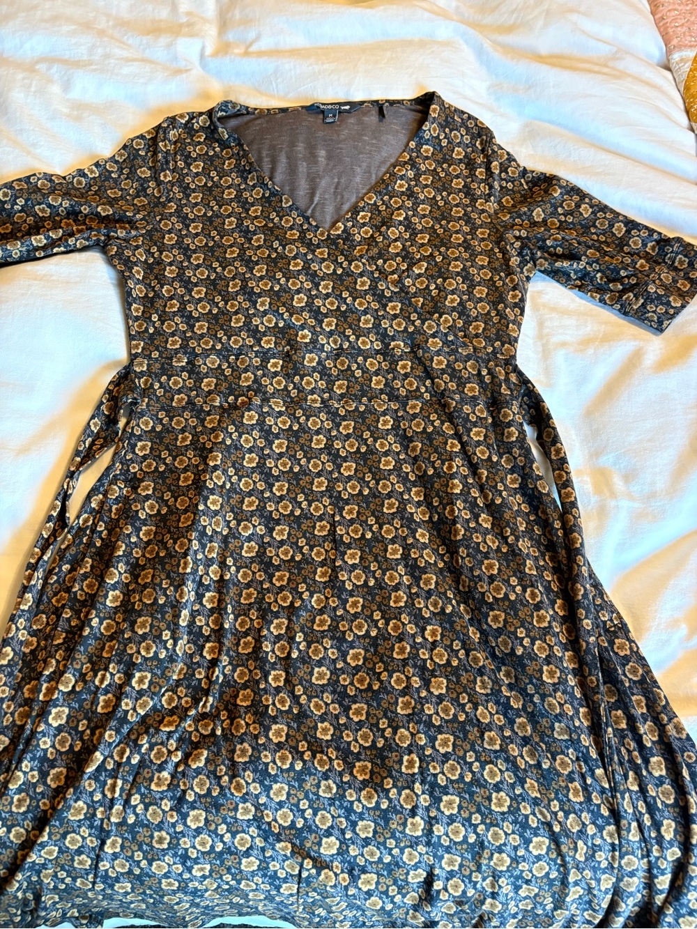 Toad&Co Black and Mustard Floral Midi Wrap Dress